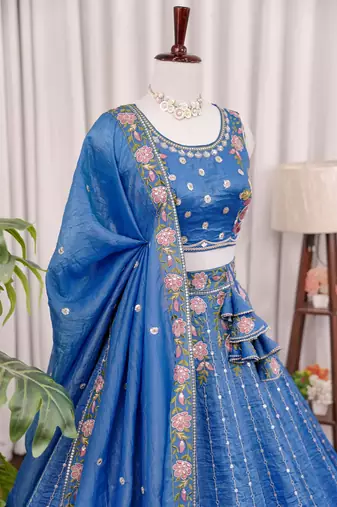 Blue Thread & Zari Embroidered Crush Silk Lehenga Choli with Dupatta
