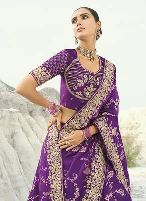 dark magenta viscose saree with embroidered work 2