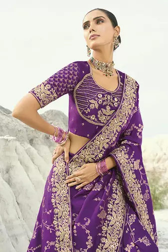 dark magenta viscose saree with embroidered work