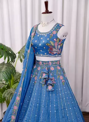 Blue Thread & Zari Embroidered Crush Silk Lehenga Choli with Dupatta 3