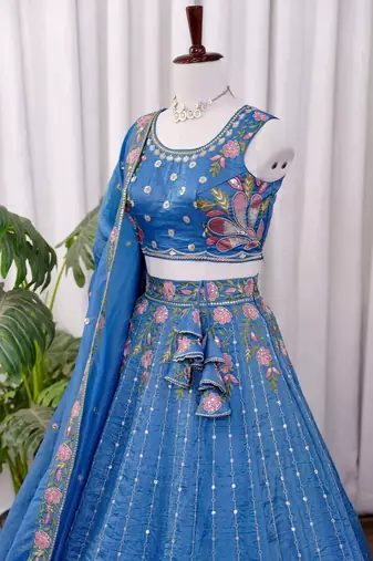 Blue Thread & Zari Embroidered Crush Silk Lehenga Choli with Dupatta