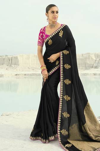 Organza viscose satin embroidered black saree