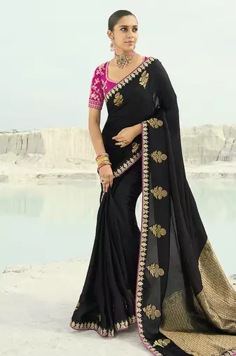 Organza viscose satin embroidered black saree