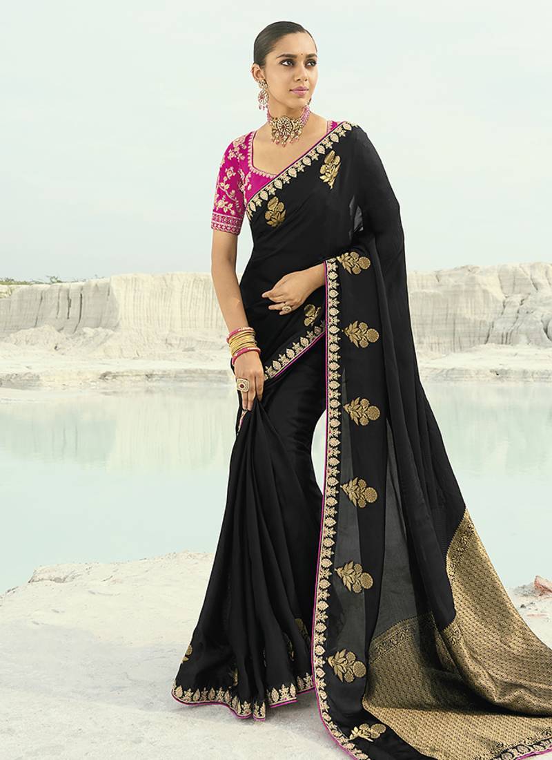 Organza viscose satin embroidered black saree