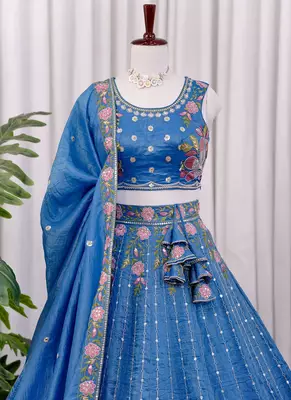 Blue Thread & Zari Embroidered Crush Silk Lehenga Choli with Dupatta 4