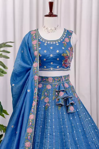 Blue Thread & Zari Embroidered Crush Silk Lehenga Choli with Dupatta