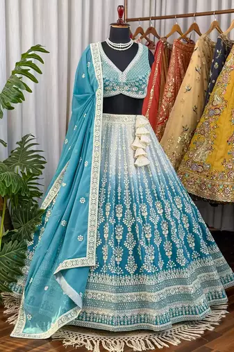 Sea Green Chikankari Embroidered Crush Silk Lehenga Choli with Dupatta