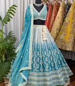 Sea Green Chikankari Embroidered Crush Silk Lehenga Choli with Dupatta