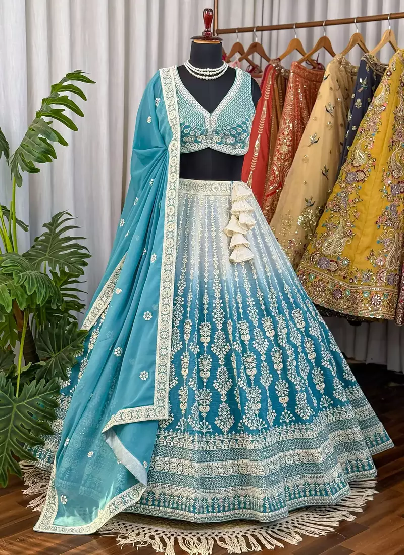 Sea Green Chikankari Embroidered Crush Silk Lehenga Choli with Dupatta