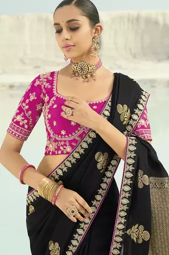 black viscose saree with thread embroidery