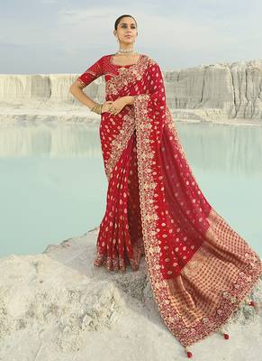 red viscose saree with embroidered work 1