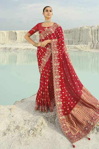 Viscose embroidered red saree