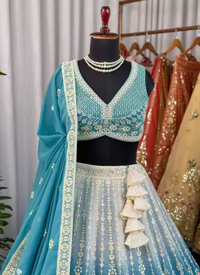 Sea Green Chikankari Embroidered Crush Silk Lehenga Choli with Dupatta 2