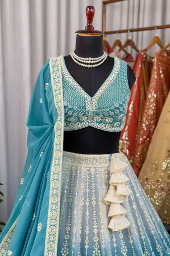 Sea Green Chikankari Embroidered Crush Silk Lehenga Choli with Dupatta