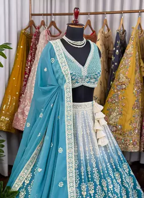 Sea Green Chikankari Embroidered Crush Silk Lehenga Choli with Dupatta 3