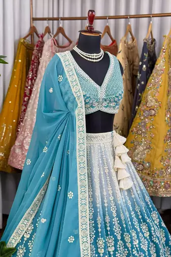 Sea Green Chikankari Embroidered Crush Silk Lehenga Choli with Dupatta