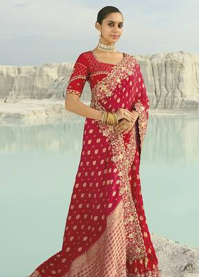 red viscose saree with embroidered work 2