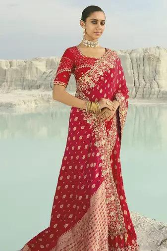 red viscose saree with embroidered work