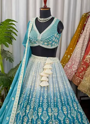 Sea Green Chikankari Embroidered Crush Silk Lehenga Choli with Dupatta 4
