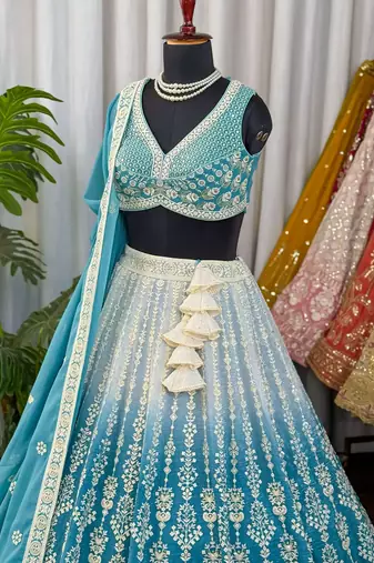 Sea Green Chikankari Embroidered Crush Silk Lehenga Choli with Dupatta