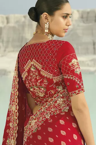 red viscose saree with embroidered work