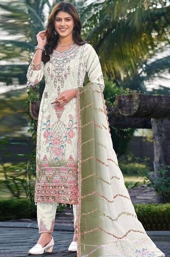 White & mehendi silk  suit with embroidery & sequin work