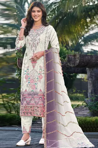 White & lavender silk  suit with embroidery & sequin work