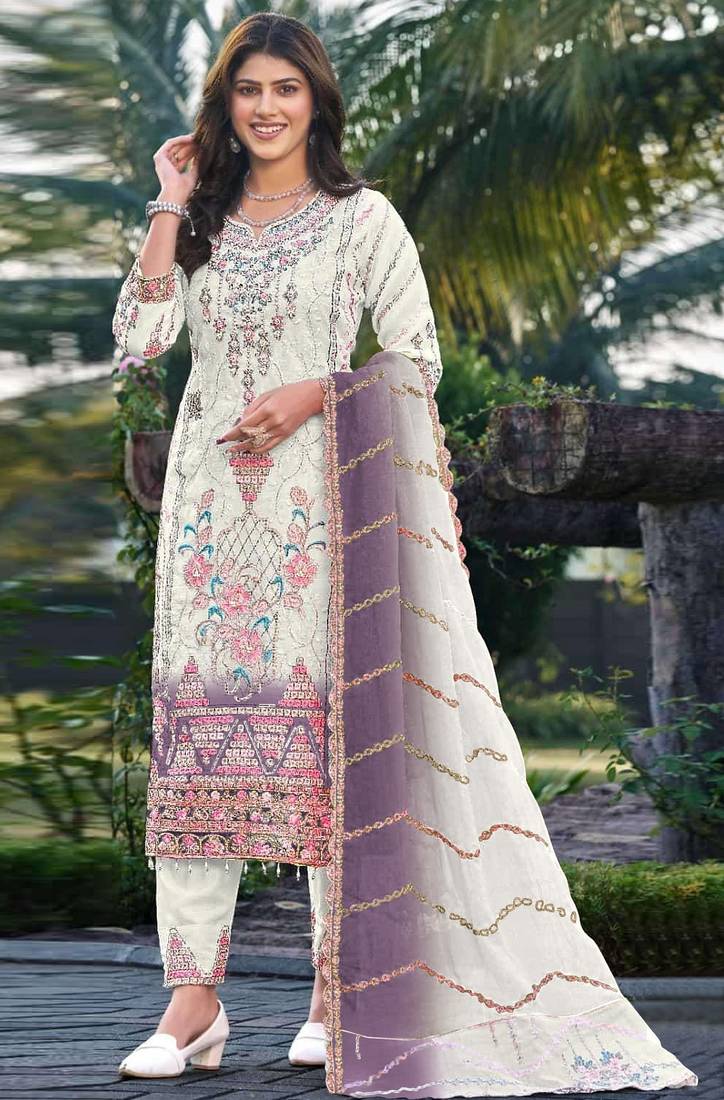White & lavender silk  suit with embroidery & sequin work