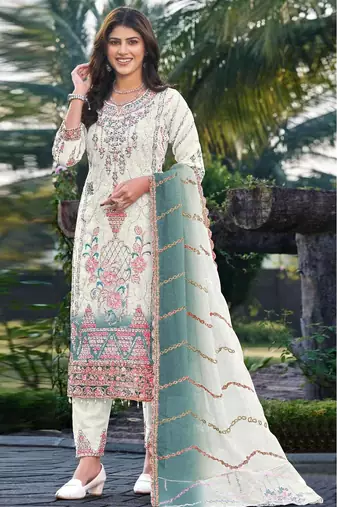 White & blue silk  suit with embroidery & sequin work