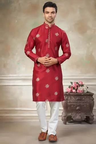 red pure silk kurta pajama with embroidery