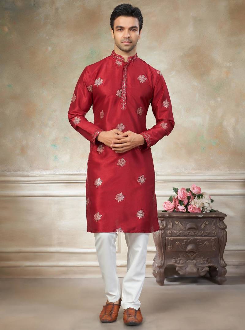 red pure silk kurta pajama with embroidery