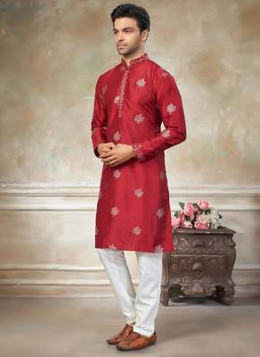 red pure silk kurta pajama with embroidery 2