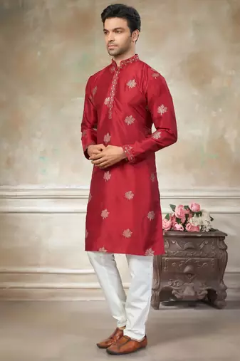 red pure silk kurta pajama with embroidery