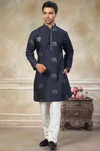 blue pure silk kurta pajama with embroidered work