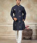 blue pure silk kurta pajama with embroidered work