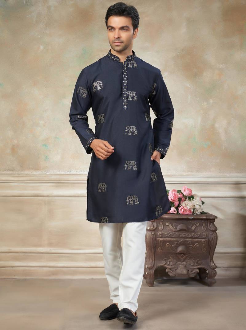 blue pure silk kurta pajama with embroidered work