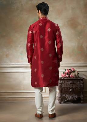 red pure silk kurta pajama with embroidery 3