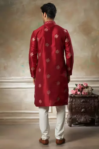 red pure silk kurta pajama with embroidery