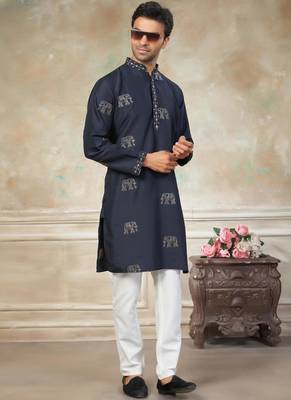 blue pure silk kurta pajama with embroidered work 2