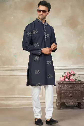 blue pure silk kurta pajama with embroidered work