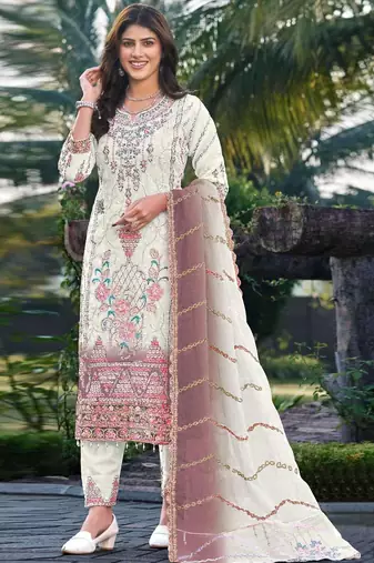 White & peach silk  suit with embroidery & sequin work
