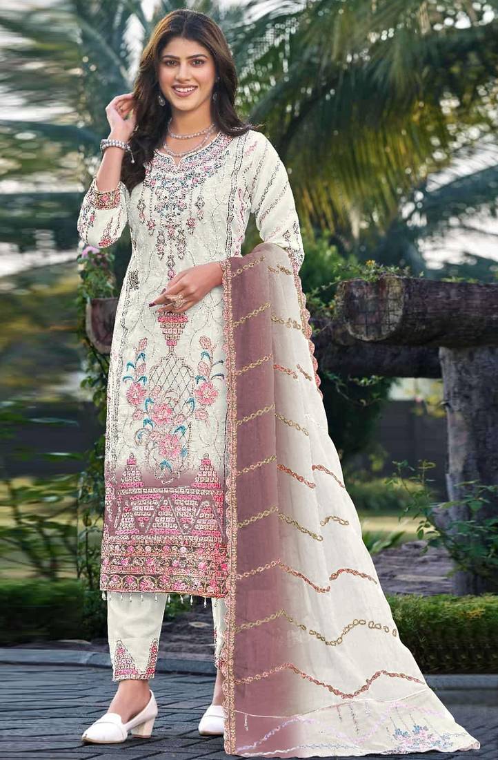 White & peach silk  suit with embroidery & sequin work