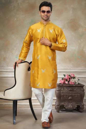 yellow pure silk kurta pajama with embroidered work
