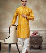 yellow pure silk kurta pajama with embroidered work
