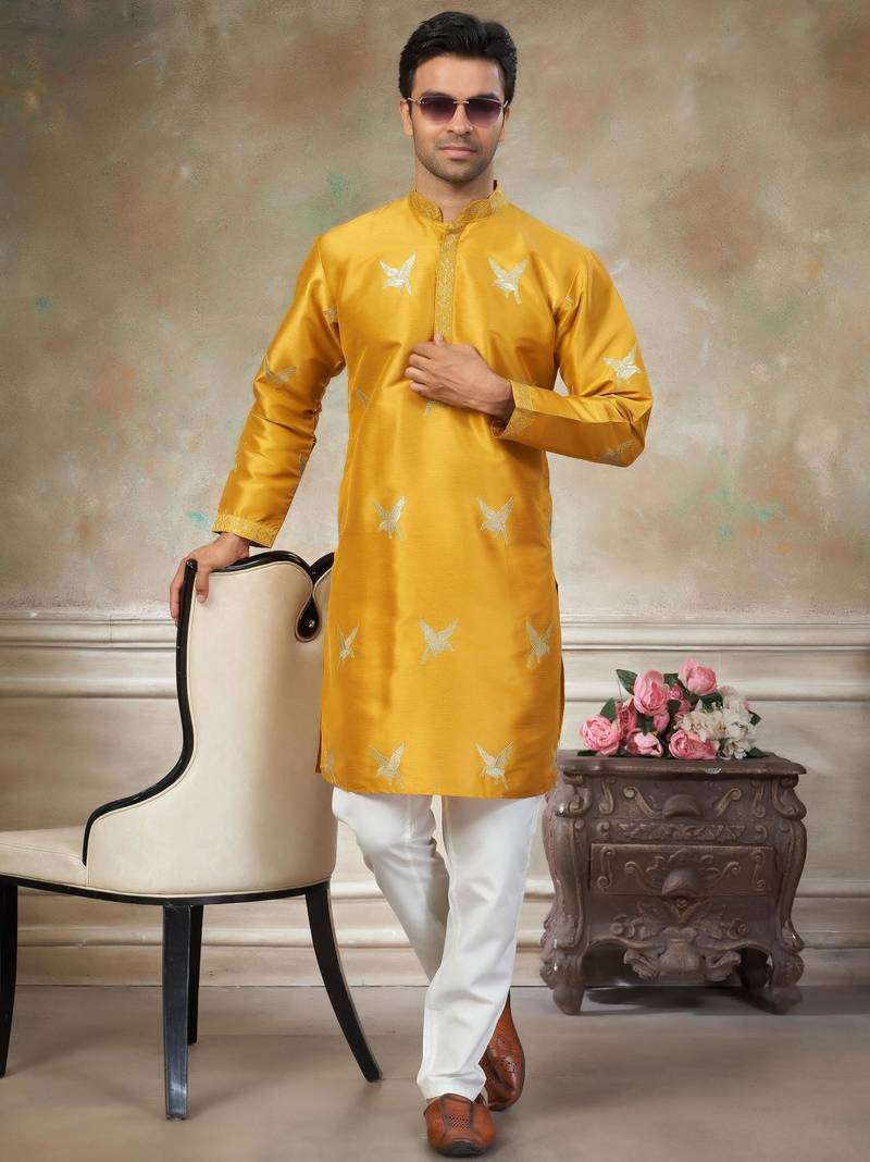 yellow pure silk kurta pajama with embroidered work
