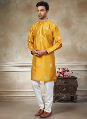 yellow pure silk kurta pajama with embroidered work 2