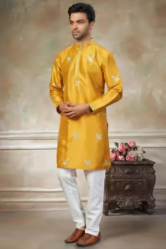 yellow pure silk kurta pajama with embroidered work