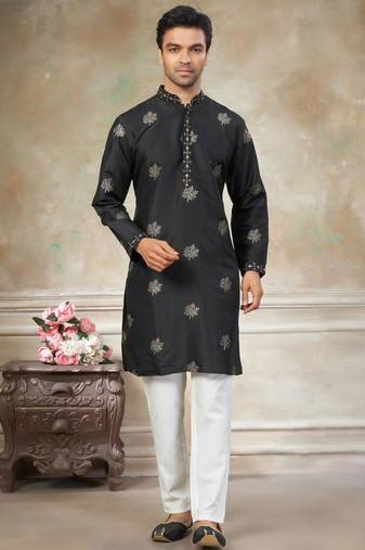 black pure silk kurta pajama with embroidered work
