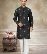 black pure silk kurta pajama with embroidered work