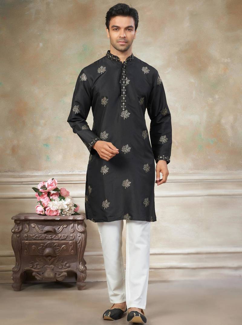 black pure silk kurta pajama with embroidered work
